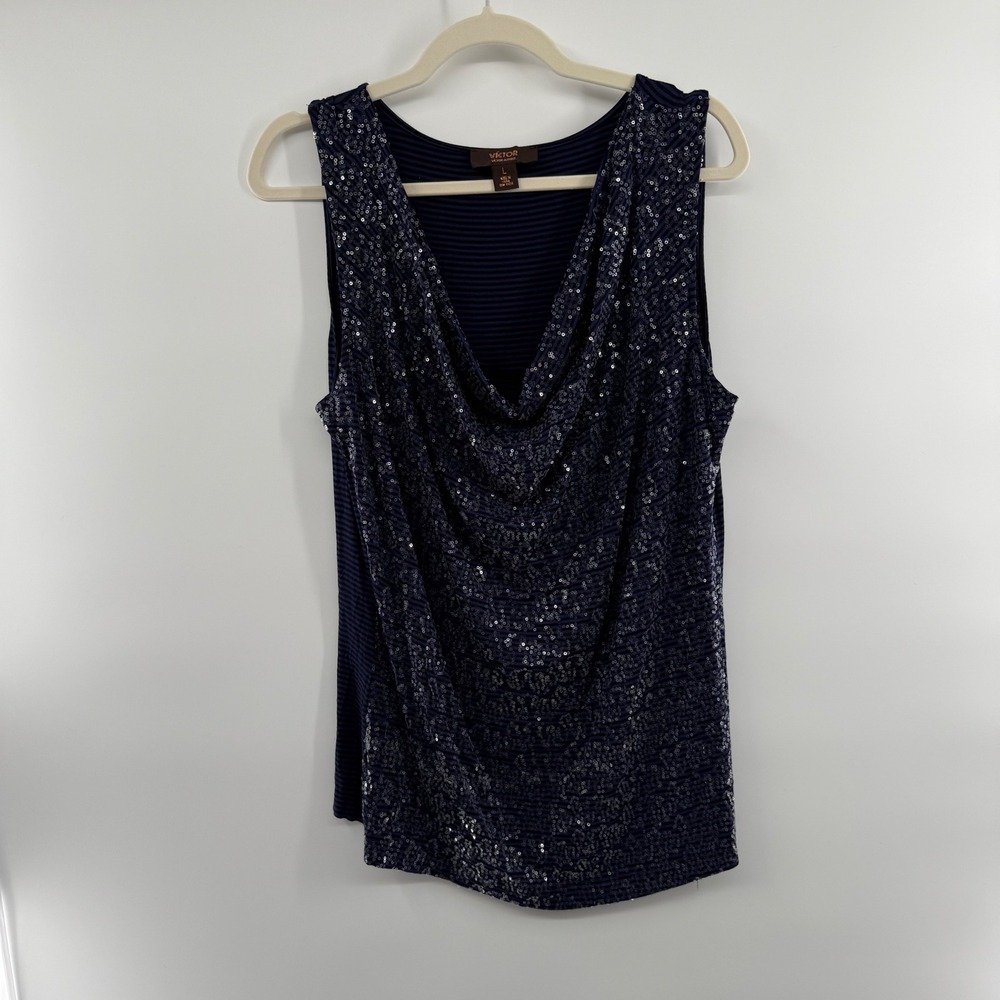 Victor Alfaro Navy Sequin Cowl Neck Tank Women's L‎ Holiday Party NYE Sparkle
